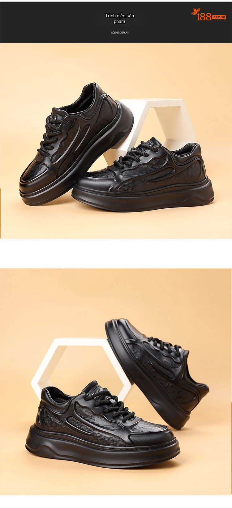 Giày Sneaker Nam Da Bò Mềm Mại Chiều Cao Đế Khoảng 4cm Màu Đen chi tiết 7