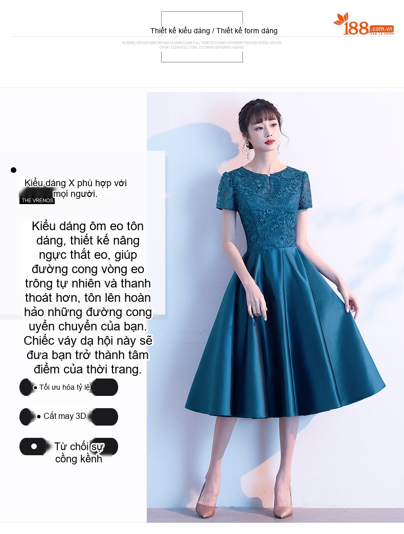 Váy Dự Tiệc dáng chữ A Cổ Tròn Tay Ngắn Dự Tiệc Cưới, Tiệc Tối Màu Xanh, Đỏ, Xanh Navy chi tiết 2