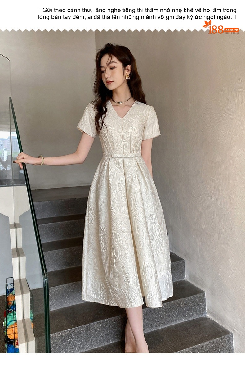Váy Dạ Hội Nữ Tay Ngắn Dáng Xòe Tiểu Thư Phong Cách Pháp Màu Trắng Kem chi tiết 11