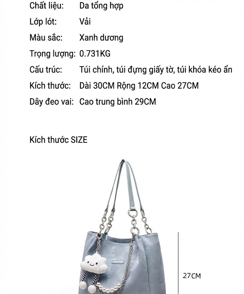 Túi Tote Nữ Da Mờ Đeo Vai Công Sở Sức Chứa Lớn Màu Xanh Lam chi tiết 4