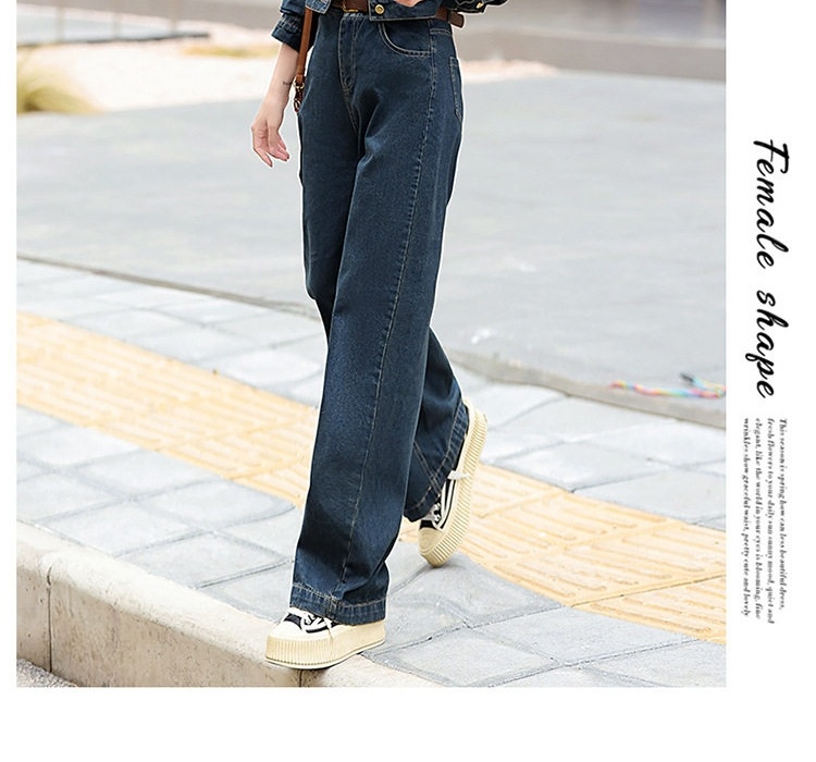 Set Bộ Quần Áo Nữ Jean/Denim Áo Khoác Lửng Quần Ống Rộng Phong Cách Hàn Quốc Màu Xanh Navy chi tiết 23