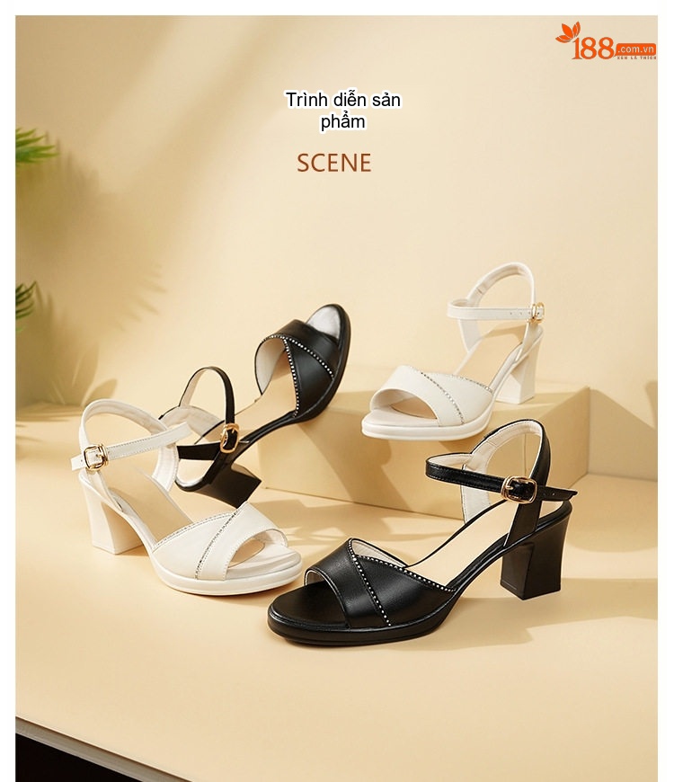 Giày Sandal Cao Gót Nữ Quai Ngang Gót Vuông Da Mềm Gót Cao 7cm - 8cm Màu Đen, Trắng chi tiết 18