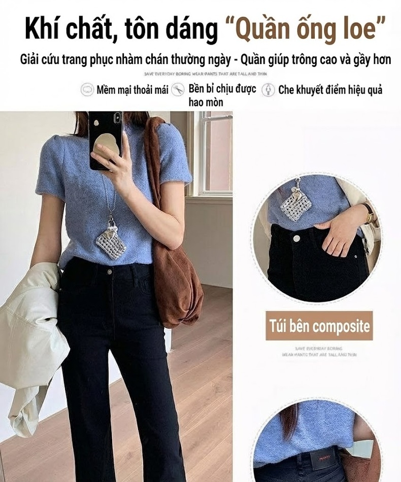 Quần Jeans Nữ Ống Loe Đáy Cao Dáng Rộng Phong Cách Thời Trang Màu Đen, Trắng chi tiết 5