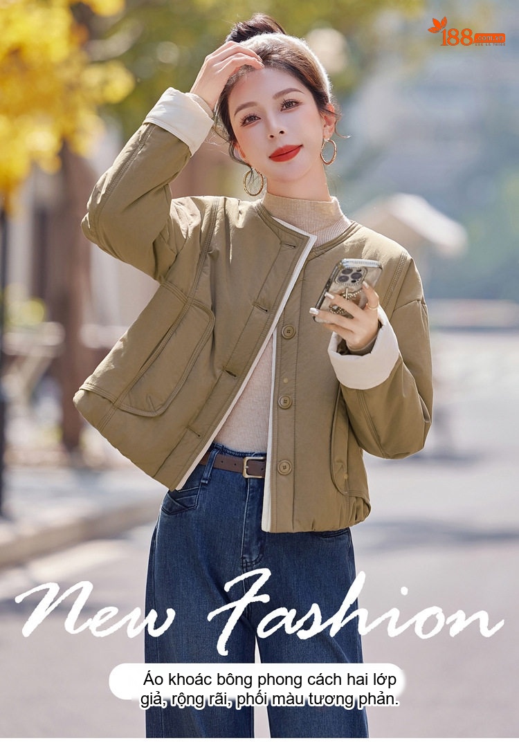 Áo Khoác Cotton Chần Bông Ngắn Tay Thiết Kế Hàn Quốc Màu Nâu Đỏ, Kem, Xanh Olive chi tiết 2