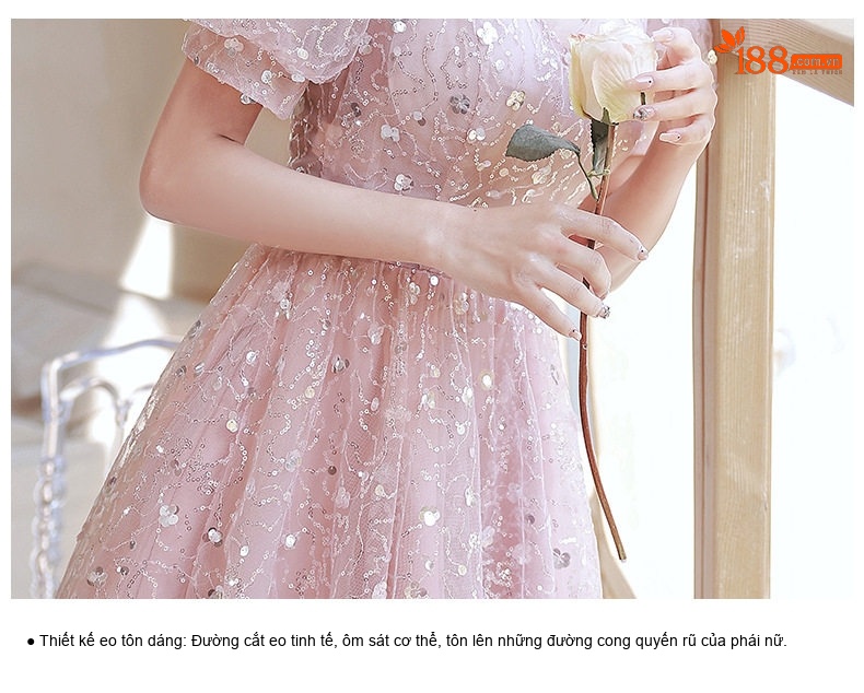 Váy Dự Tiệc Nữ dáng chữ A Tay Bồng Thường Ngày/Đi Tiệc Màu Hồng chi tiết 18