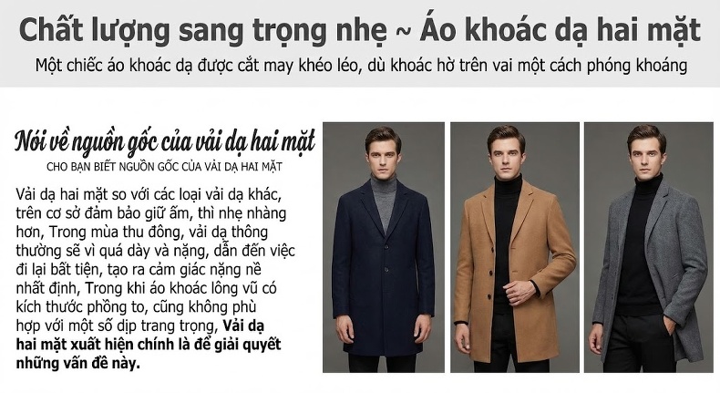 Áo Khoác Dạ Nam Hai Mặt Dáng Dài Vừa Phong Cách Business Casual Màu Đen, Xanh Navy chi tiết 2