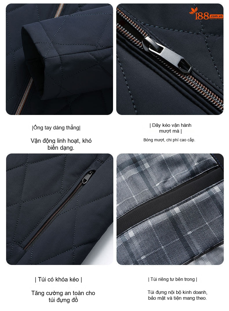 Áo Khoác Bông Nam Có Mũ Trùm Đầu Cotton Lót Lụa Tằm Ngắn Tay Giữ Ấm Màu Đen, Xanh Navy chi tiết 13