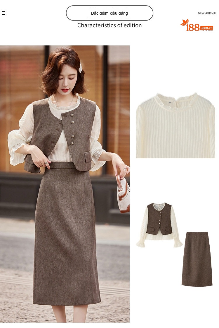 Set Áo Khoác Gile, Áo Tiểu Thư Tay Dài Và Chân Váy Dài Phong Cách Thời Trang Nữ chi tiết 4