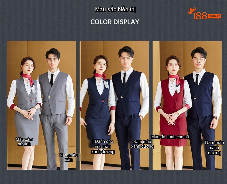 Bộ Vest Công Sở Nam Nữ Áo Ghile Quần Dài Công Nhân Lễ Tân Khách Sạn Màu Xám, Xanh Navy, Đỏ chi tiết 10