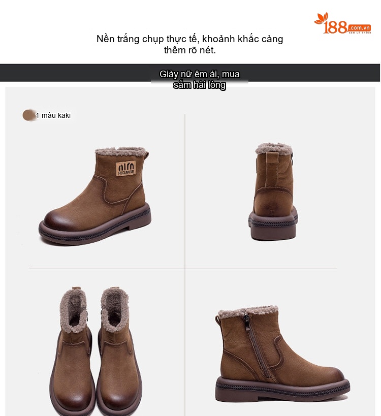 Boot Nữ Ngắn Cổ Lót Lông Giữ Ấm Mùa Đông Chiều Cao Đế Khoảng 3cm Màu Nâu chi tiết 21