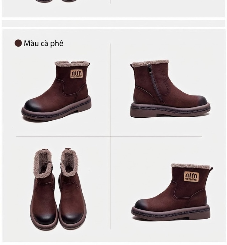 Boot Nữ Ngắn Cổ Lót Lông Giữ Ấm Mùa Đông Chiều Cao Đế Khoảng 3cm Màu Nâu chi tiết 22