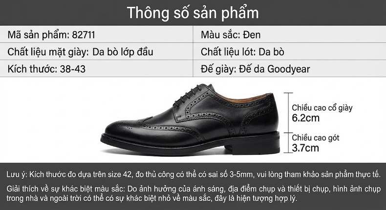 Giày Tây Buộc Dây Nam Da Thật Chiều Cao Đế Khoảng 3cm Màu Đen, Nâu chi tiết 4
