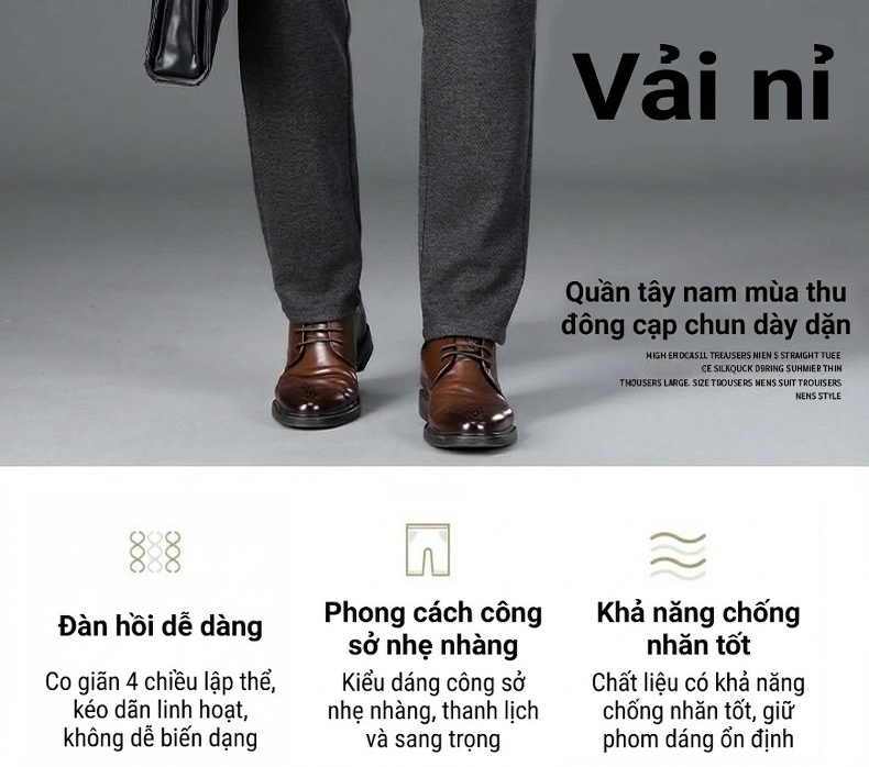 Quần Tây Nam Ống Đứng Vải Lông Cừu Dáng Ôm Màu Đen, Xám chi tiết 2