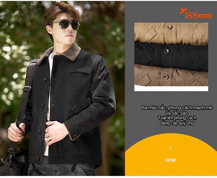 Áo Khoác Nam Cotton Lót Lông Cừu Dày Dặn Cổ Bẻ Giữ Ấm Form Rộng Màu Nâu, Đen chi tiết 7