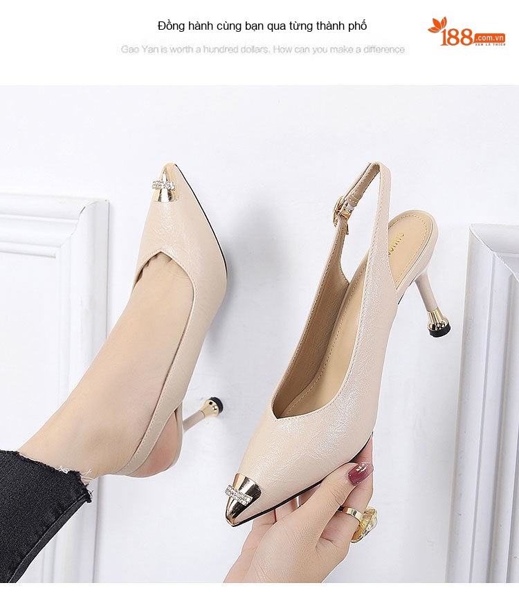 Giày Sandal Cao Gót Nữ Hở Gót Mũi Nhọn Đính Đá Gót Cao 7cm - 8cm Màu Đen, Kem chi tiết 24