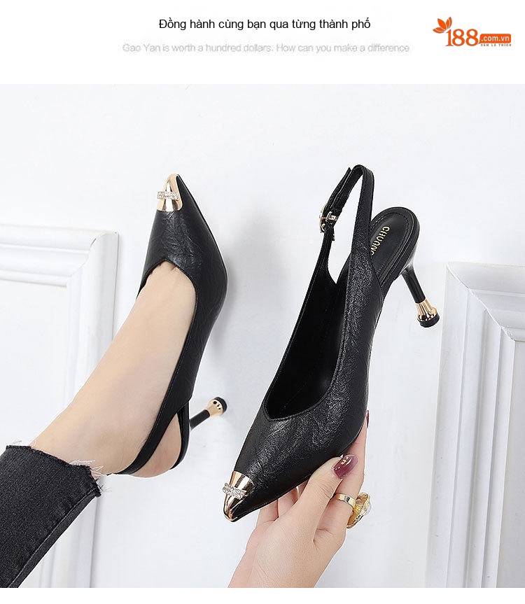Giày Sandal Cao Gót Nữ Hở Gót Mũi Nhọn Đính Đá Gót Cao 7cm - 8cm Màu Đen, Kem chi tiết 17