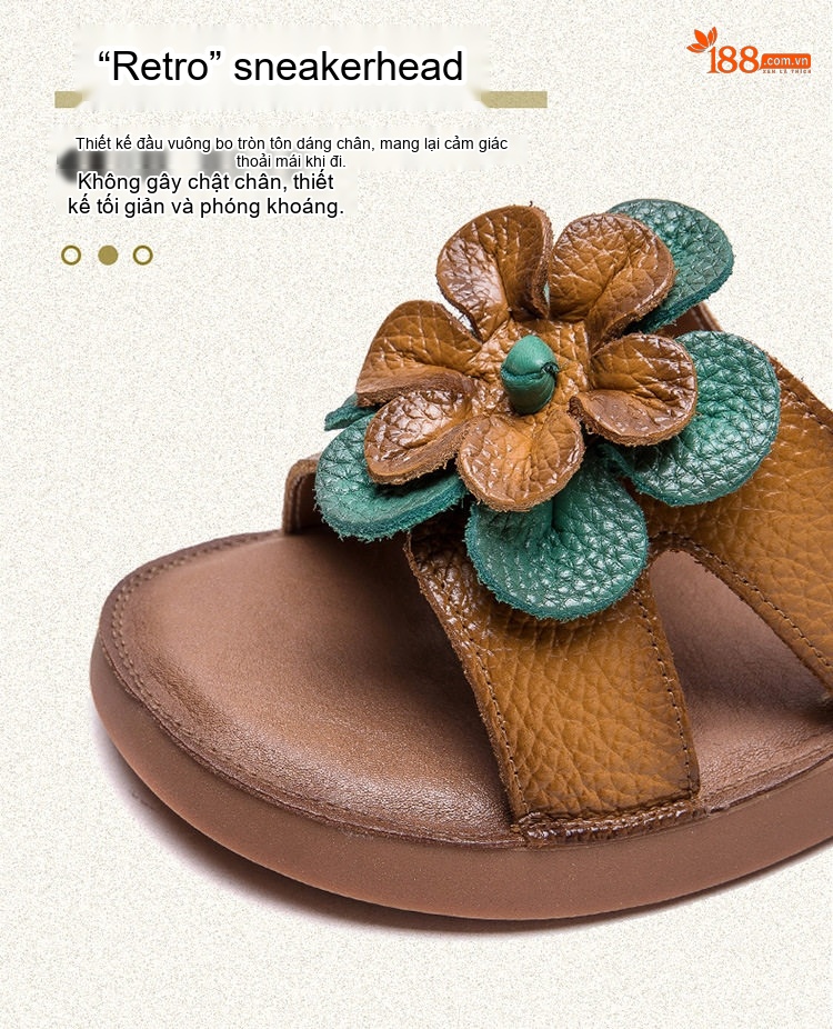 Dép Quai Ngang Nữ Da Bò Trang Trí Hoa Chiều Cao Đế Khoảng 2cm Màu Nâu, Trắng chi tiết 5