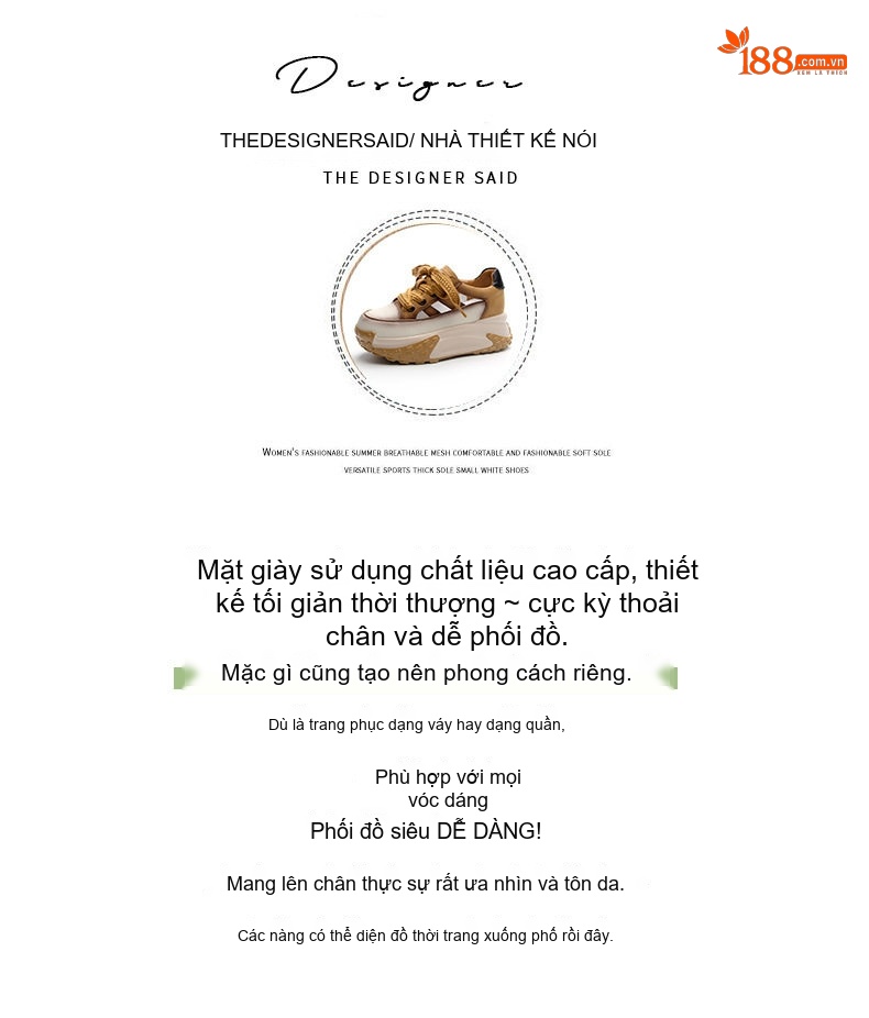 Giày Sneaker Nữ Da Thật Lỗ Thoáng Khí Đế Dày Chiều Cao Đế Khoảng 5cm Màu Đỏ, Trắng, Vàng, Đen... chi tiết 4