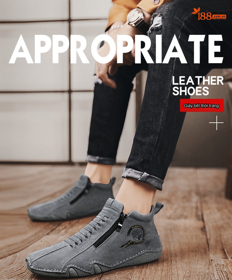 Giày Martin Nam Cổ Cao Vải Canvas Khóa Zip Chiều Cao Đế Khoảng 3cm Màu Be, Xám, Xanh Dương chi tiết 1
