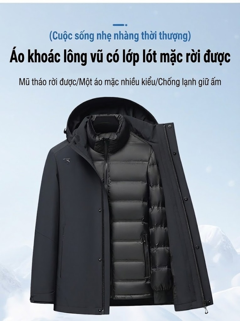 Áo Khoác Lông Vũ Nam 3 Trong 1 Có Mũ Trùm Đầu Chống Nước Giữ Ấm Màu Đen, Xám chi tiết 5