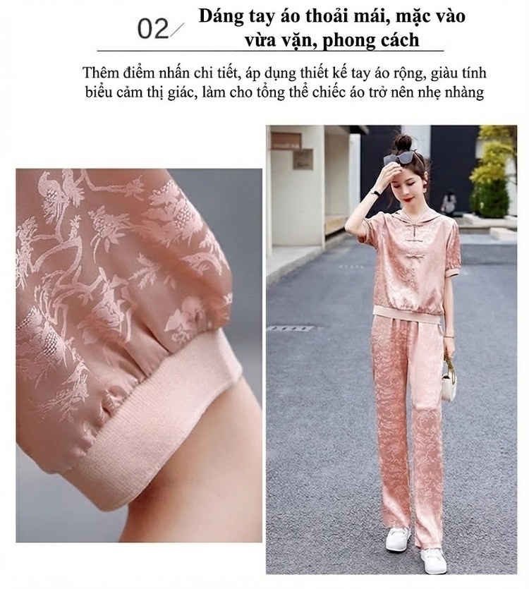 Bộ Quần Áo Nữ Họa Tiết Thêu, Cổ Tàu, Tay Ngắn Phong Cách Retro Màu Vàng, Hồng chi tiết 9