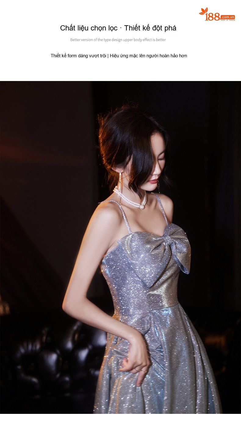Váy Dạ Hội Dáng Dài Hai Dây Thiết Kế Nơ Ngực Phong Cách Nữ Tính Màu Xanh Dương chi tiết 2