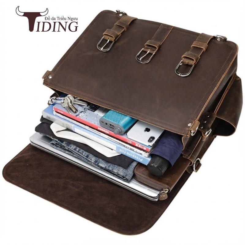 Túi Đeo Vai Nam Da Thật Phong Cách Retro Đựng Laptop 15.6 Inch Màu Nâu