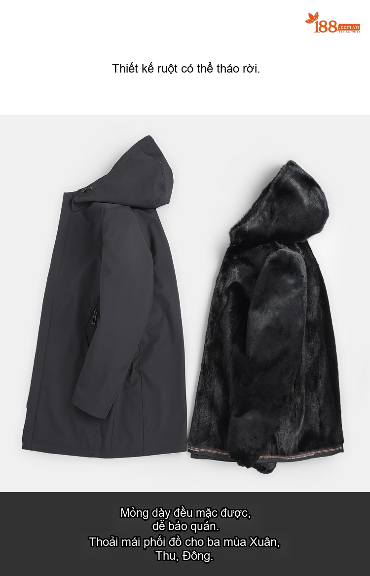 Áo Khoác Parka Nam Dáng Dài Lót Lông Chồn Form Ôm Châu Âu Màu Đen chi tiết 4