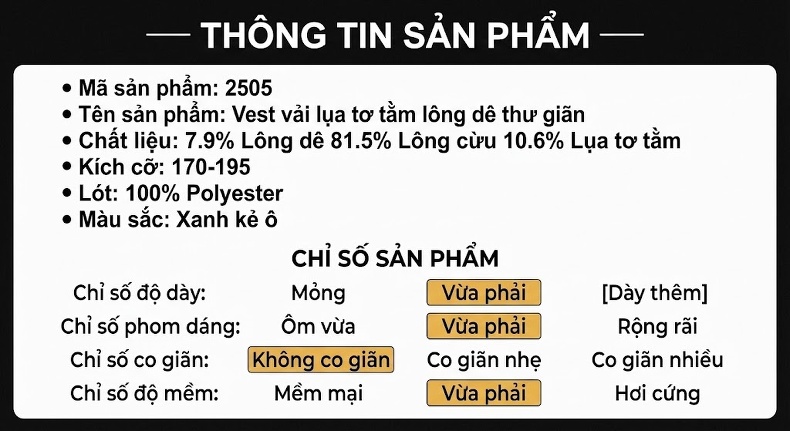 Áo Vest Nam Cashmere Lông Cừu, Lụa, Kẻ Ô Vuông Phong Cách Thu Đông Màu Xanh Navy chi tiết 9
