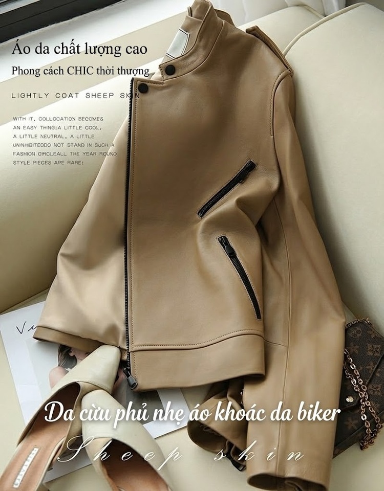 Áo Khoác Da Cừu Nữ Cổ Trụ Kiểu Hàn Quốc Dáng Ngắn Màu Be chi tiết 18