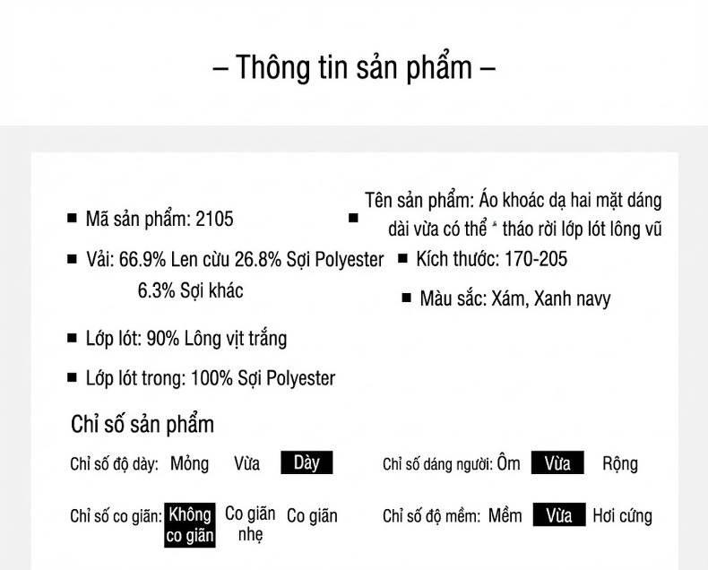 Áo Khoác Nam Dạ Pha Lông Vũ Dáng Dài Vừa Hai Mặt Màu Xám, Xanh Đen chi tiết 31
