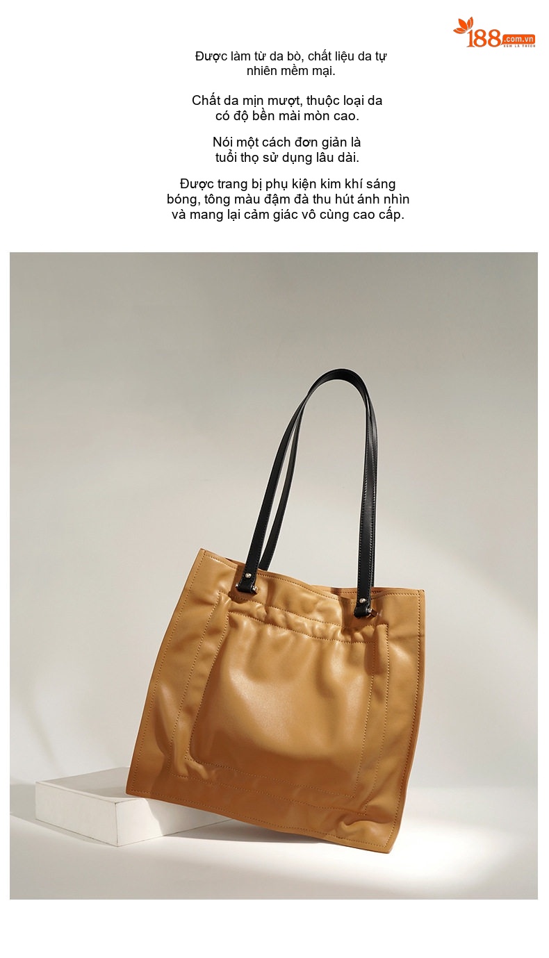 Túi Tote Da Bò Lớn Đeo Vai Phong Cách Tối Giản Màu Nâu chi tiết 2