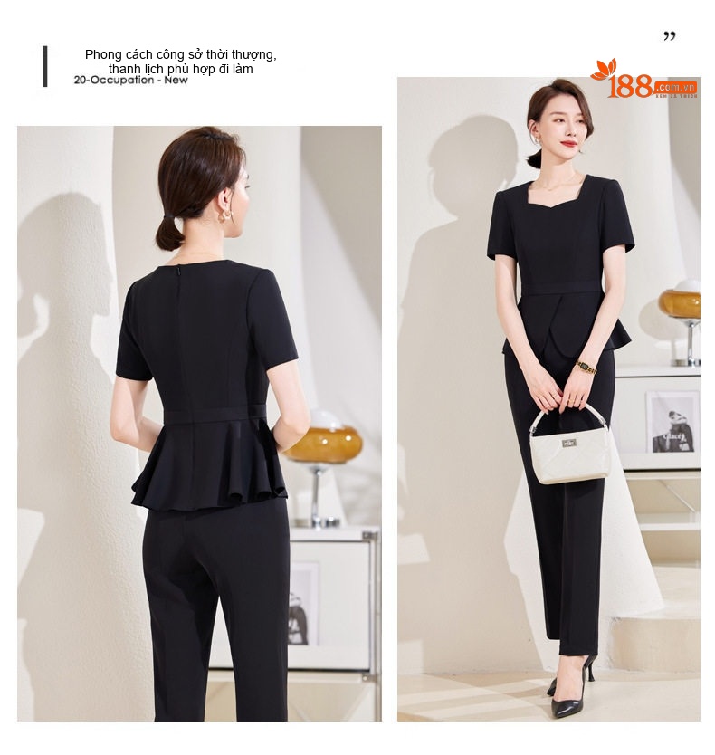 Bộ Vest Công Sở Nữ Tay Ngắn Quần/Chân Váy Áo Peplum Màu Đen, Xanh Navy chi tiết 15