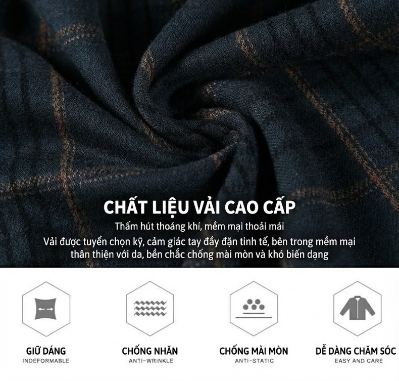 Áo Sơ Mi Nam Dài Tay Lông Dê Ca Rô Chống Nhăn Thoáng Mát Màu Xám, Xanh Đen chi tiết 2