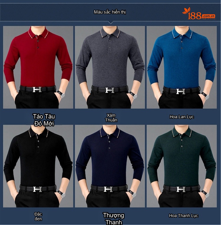 Áo Len Nam Dệt Kim Cổ Bẻ Dài Tay Giữ Ấm Màu Đỏ, Xám, Xanh, Đen... chi tiết 8