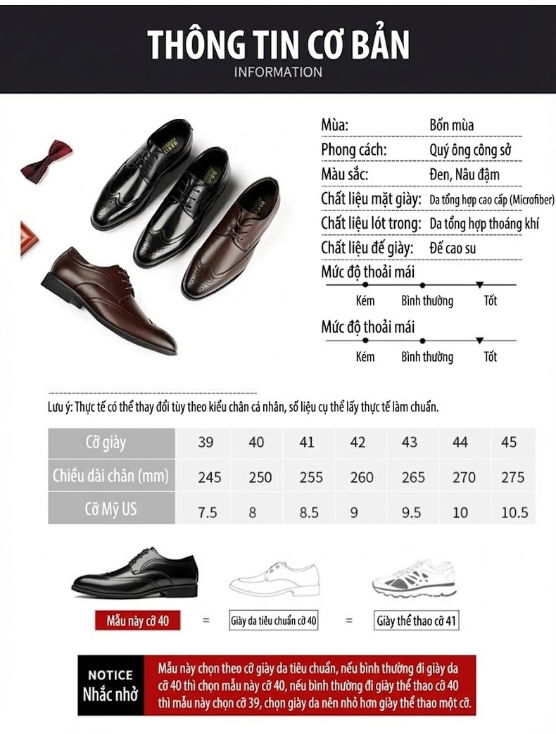 Giày Tây Buộc Dây Nam Da Bóng Brogue Chiều Cao Đế Khoảng 3cm Màu Đen, Nâu chi tiết 8