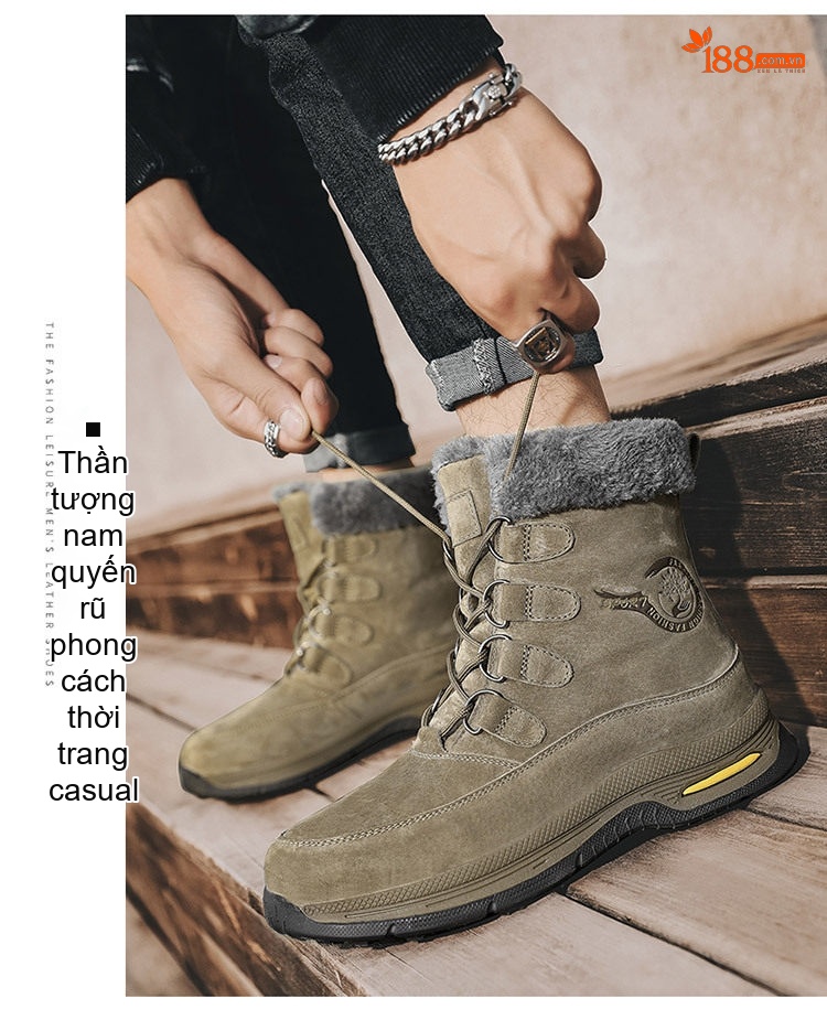 Giày Boot Nam Cổ Cao Da Mờ Lót Lông Chiều Cao Đế Khoảng 3cm Màu Đen, Xám, Xanh Rêu chi tiết 12