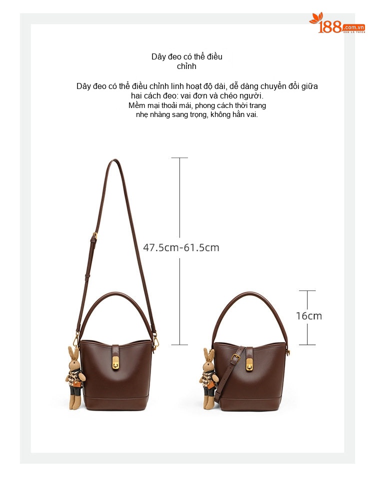 Túi Xách Nữ Da Bóng Dáng Bucket Đeo Vai Đeo Chéo Thời Trang Màu Nâu chi tiết 6