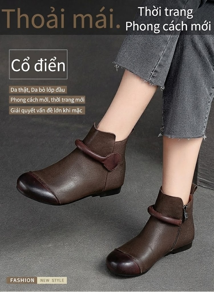 Boot Nữ Cổ Ngắn Lót Lông Giữ Ấm Khóa Kéo Bên Hông Đế Bệt Chiều Cao Đế Khoảng 1cm Màu Nâu chi tiết 1