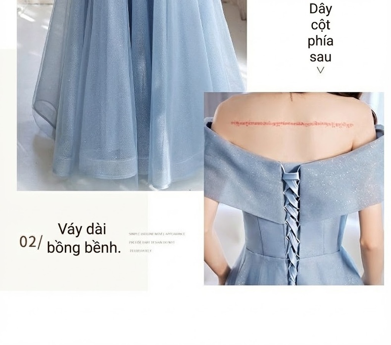 Váy Dạ Hội Hở Vai dáng chữ A Chiều Dài Midi Màu Xanh, Đen chi tiết 3