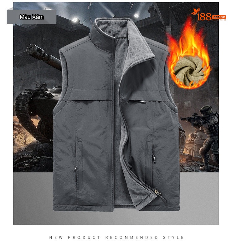 Áo Gilet Nam Hai Mặt Mặc Áo Khoác Ngoài Nhiều Túi Lông Cừu chi tiết 12