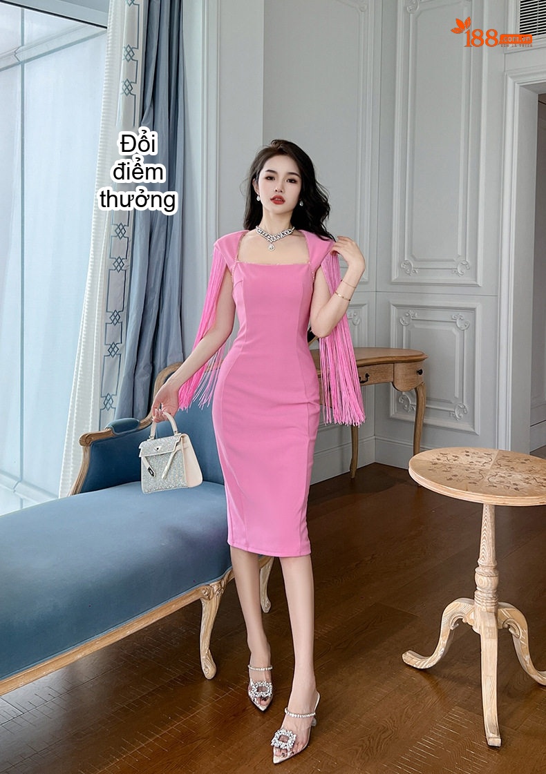 Váy Đầm Dự Tiệc Nữ Tiểu Thư Cổ chữ Vuông Dáng Ôm Viền Tua Rua Màu Hồng chi tiết 19