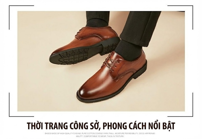 Giày Tây Buộc Dây Nam Da Thật Mũi Nhọn Chiều Cao Đế Khoảng 3cm Màu Đen, Nâu chi tiết 12
