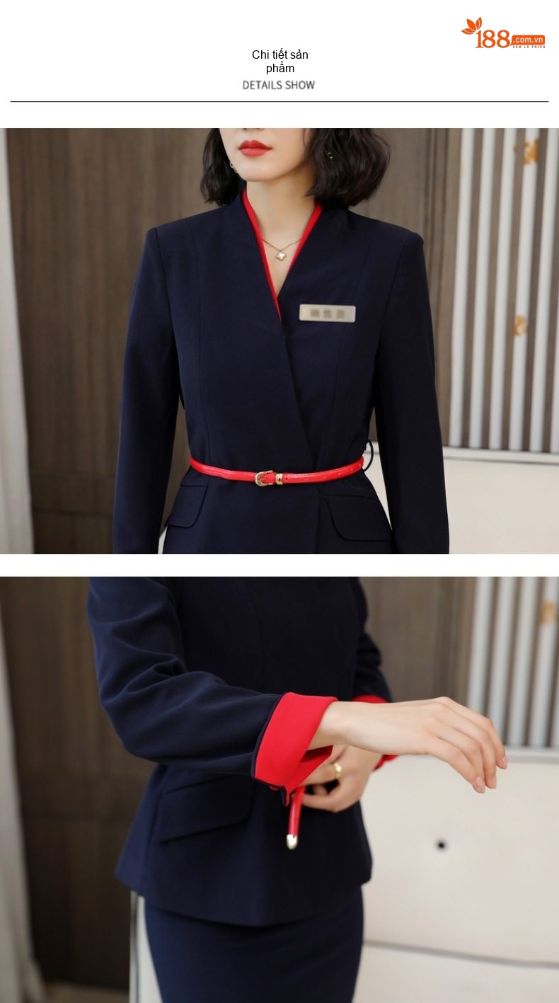 Set Bộ Vest Công Sở Nữ Tay Dài Cổ chữ V Màu Xanh Navy Phối Đỏ chi tiết 8