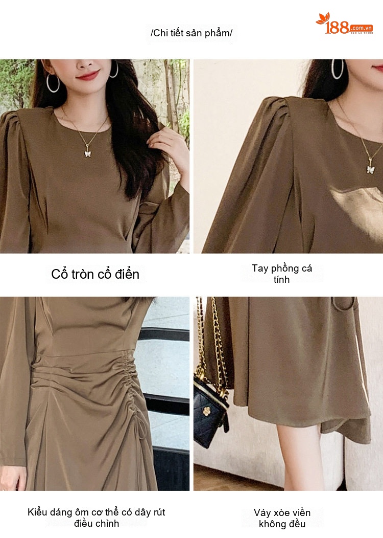 Váy liền thân Nữ Tay Dài Dáng Dài Thu Đông Thiết Kế Nhún Eo Màu Nâu chi tiết 4