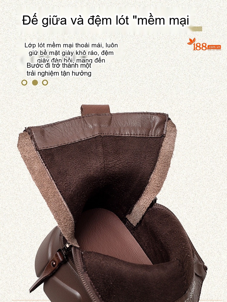 Boot Nữ Da Bò Khóa Kéo Bên Hông Phong Cách Retro Chiều Cao Đế Khoảng 6cm Màu Đen, Nâu chi tiết 6