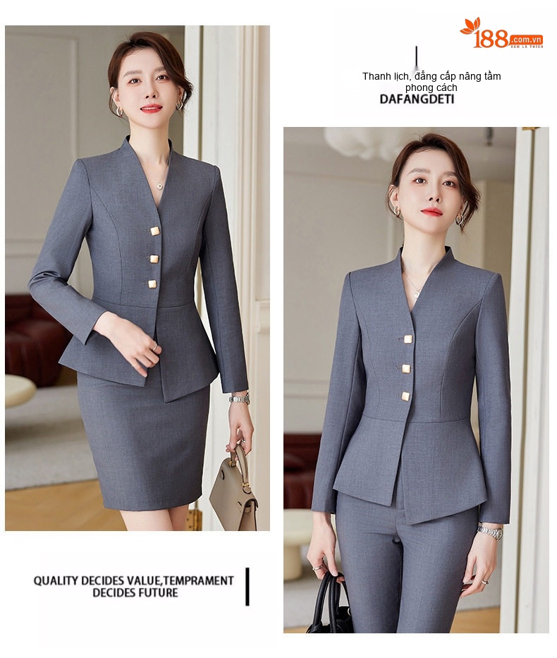 Bộ Vest Công Sở Nữ Quần/Chân Váy Thanh Lịch Màu Xám, Đen, Xanh Navy chi tiết 13