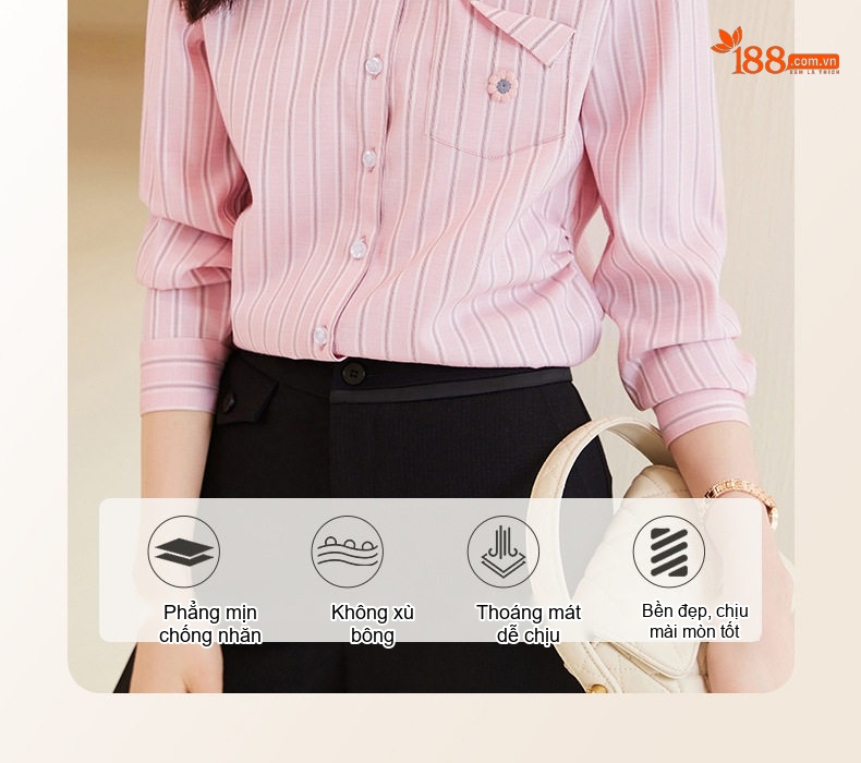 Áo Sơ Mi Nữ Dài Tay Kẻ Sọc Phong Cách Hàn Quốc Thanh Lịch Màu Hồng, Xanh, Trắng chi tiết 12