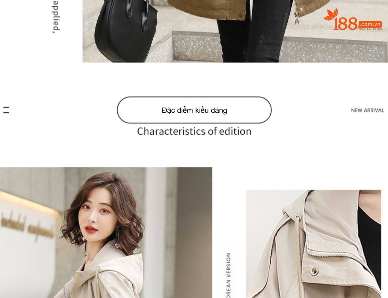 Áo Khoác Gió Nữ Dáng Dài Vừa, Mũ Trùm Đầu, Phong Cách Hàn Quốc Màu Be, Xanh Olive chi tiết 4