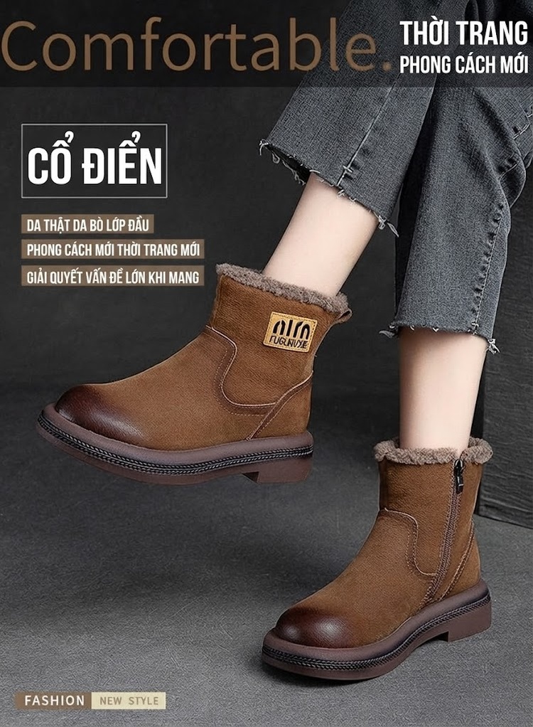 Boot Nữ Ngắn Cổ Lót Lông Giữ Ấm Mùa Đông Chiều Cao Đế Khoảng 3cm Màu Nâu chi tiết 1